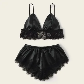 

2020 Black sexy pajamas set Pajamas Pizama Damska Pijama Set Lace Lingerie Silk Underwear Sleepwear Nightdress Pajamas