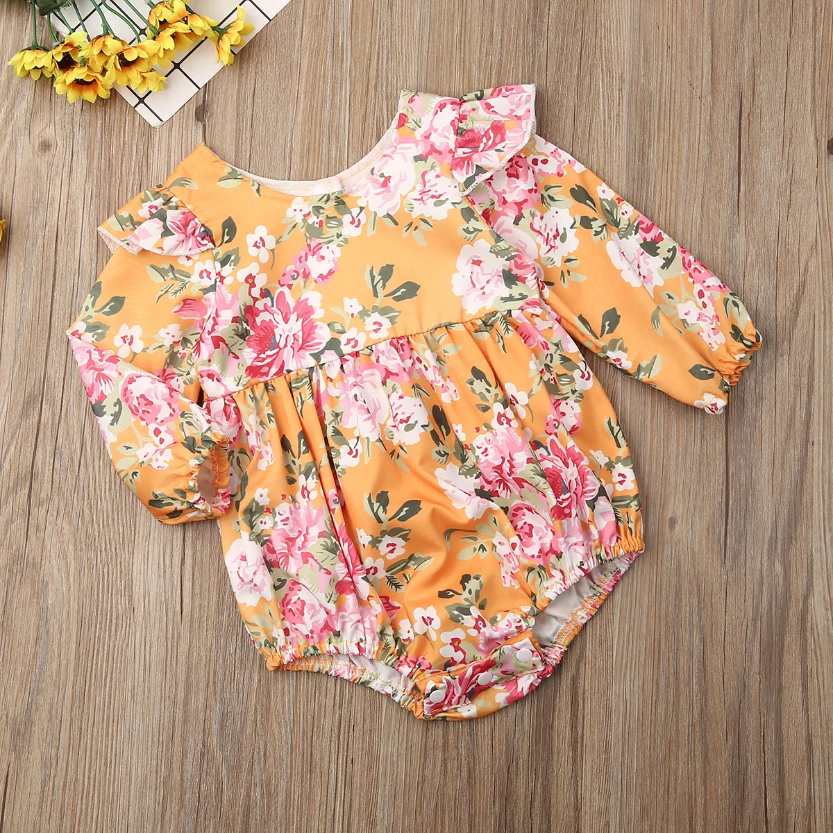 Sweet Toddler Baby Girls Bodysuits 0-24M Long Sleeve Flower Print Cute Bodysuit Jumpsuit Clothes Set