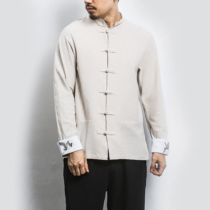 

M-5XL Plus Size Men Chinese Shirt Streetwear Spring New Long Sleeve Vintage Shirt Crane Embroried Sleeve Frog Button Clothes Man
