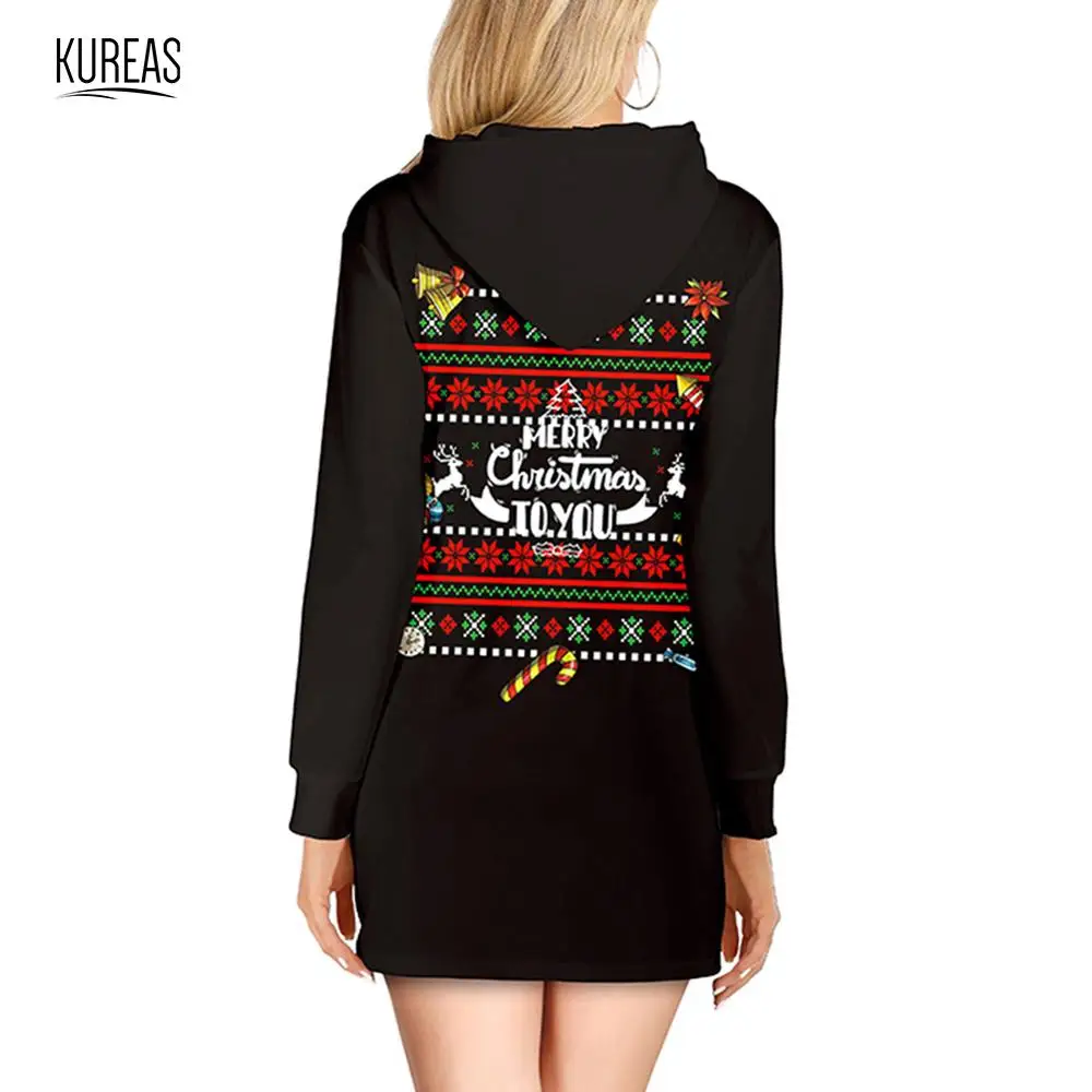 Kureas, рождественское платье, вязаное, для женщин, зима, осень, повседневное, с принтом, тонкие толстовки, платья, с длинным рукавом, с капюшоном, женская одежда
