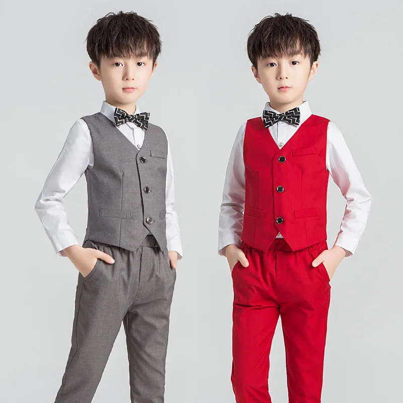 Autumn Children's Formal Suit Set Flower Boy Wedding Piano Show Host Costume Kids Tuxedo Vest Pants Shirts Bowtie 5pcs Clothes