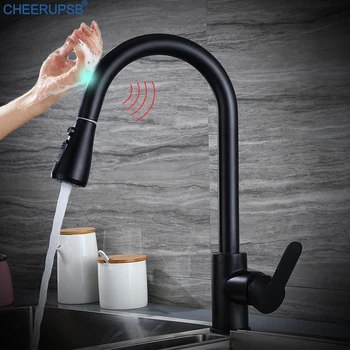 

Touch Sensor Kitchen Sink Faucets Pull Down Hot Cold Water Mixer Flexible Matte Black Touching Crane Gooseneck Inductive Tap K66