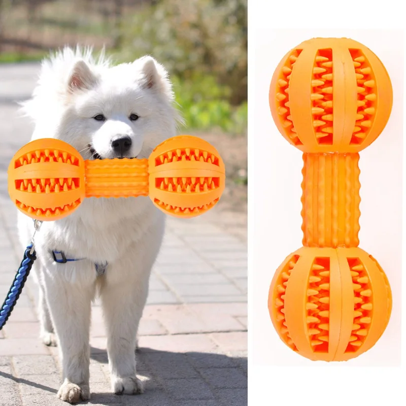 Orange Pet собака жевательные игрушки Резиновая гантель кость для укуса щенка коренной чистый зуб жевательная игрушка-красный - Цвет: Orange