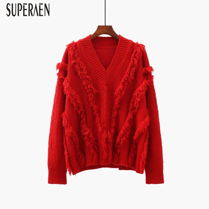 SuperAen/женские пуловеры с кисточками, свитера, осень, новые, дикие, повседневные, женксие Кофты с v-образным вырезом, однотонные, модные вязаные топы для женщин
