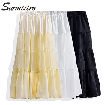 

Surmiitro Mesh Patchwork Midi Skirt Women 2020 Spring Summer Korean Elegant Black White High Waist Sun School Long Skirt Female