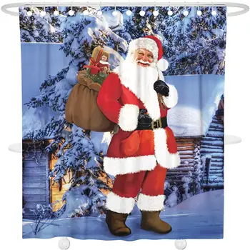 

Christmas Fabric Shower Curtain, Waterproof Polyester Santa Claus Happy Year Bath Curtain with Hooks,