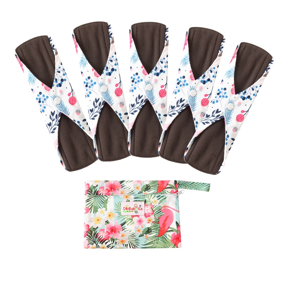 Женские гигиенические прокладки, длинные прокладки, бамбуковый уголь, гигиенические прокладки для полотенец, 5 шт, хлопковые многоразовые прокладки для менструального использования+ 1 влажный мешок - Цвет: 24
