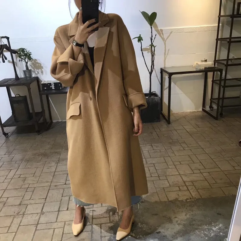 

Spring Fashion Loose Overcoat Casual Solid Long Woolen Coat Korean Style Oversize Turn-Down Collar Wool Coat Outwear