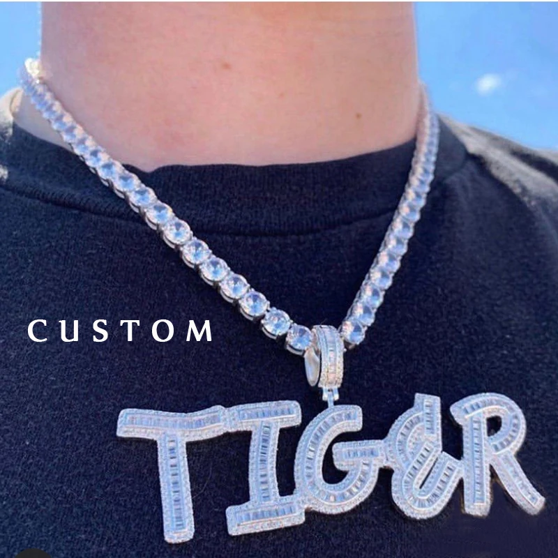 Custom Name Words Baguette Letters Pendant Gold silver Color Charm AAAA Zirconia Men's Hip Hop Necklace Chain Rock Jewelry Custom Name Words Baguette Letters Pendant Gold silver Color Charm AAAA Zirconia Men's Hip Hop Necklace Chain Rock Jewelry