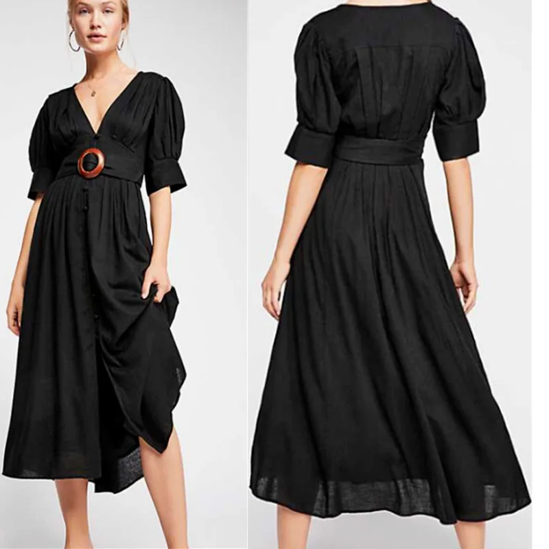 

Vacation Style Medium-length Dress 2019 Spring And Summer Europe And America New Style V-neck High-waisted Lace-up Short Sleeve