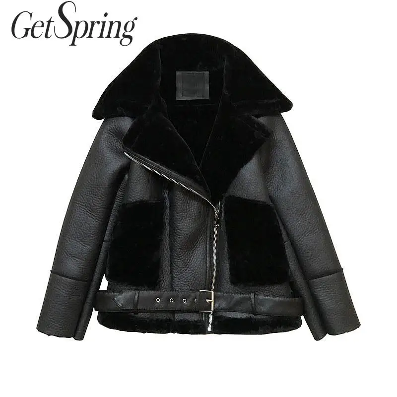 GETSPRING Женское пальто женские Куртки из искусственной кожи кожаные куртки с мехом