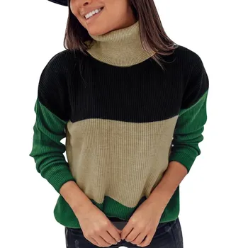 

Oufisun 2020 Autumn Winter Fashion Turtleneck Patchwork Knitted Sweater Casual Long Sleeve Pullover Ladies Top Women's Sweaters