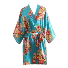 Женское платье из искусственного шелка с цветочным принтом, Короткое Кимоно, банные халаты для невесты, тонкий халат с поясом на талии