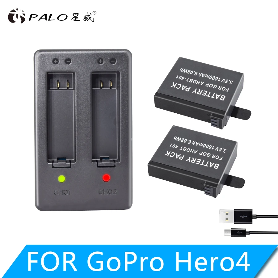 

PALO New 2xAHDBT-401 + Dual Charger For Gopro Hero 4 Batteries Go Pro Hero4 bateria AHDBT 401 Action camera Accessories