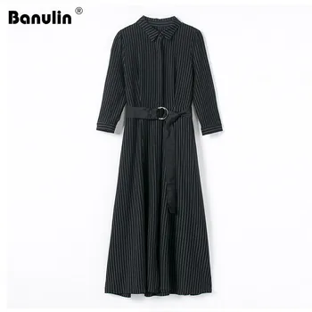 

Banulin Winter Women Long Sleeved Black Maxi Dress Vetement Femme 2019 Runway Striped Long Party Dress Vestido Longo Robe