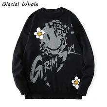

GlacialWhale Mens Cardigan Knitted Men 2021 Fashion New Smiley Graphic Sweater Male Hip Hop Oversized Sweaters Black Sweater Men