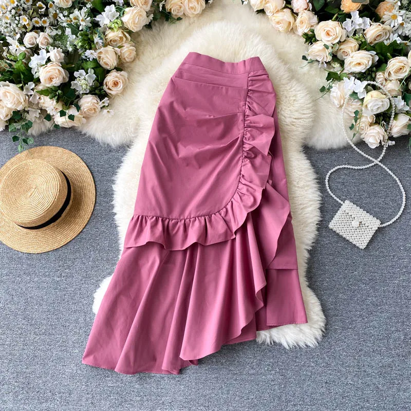 SINGRAIN Ruched Irregular Skirt Women Korean Style Fashion High Waist A-line Skirts Autumn Elegant Chic Solid Sweet Pink | Женская