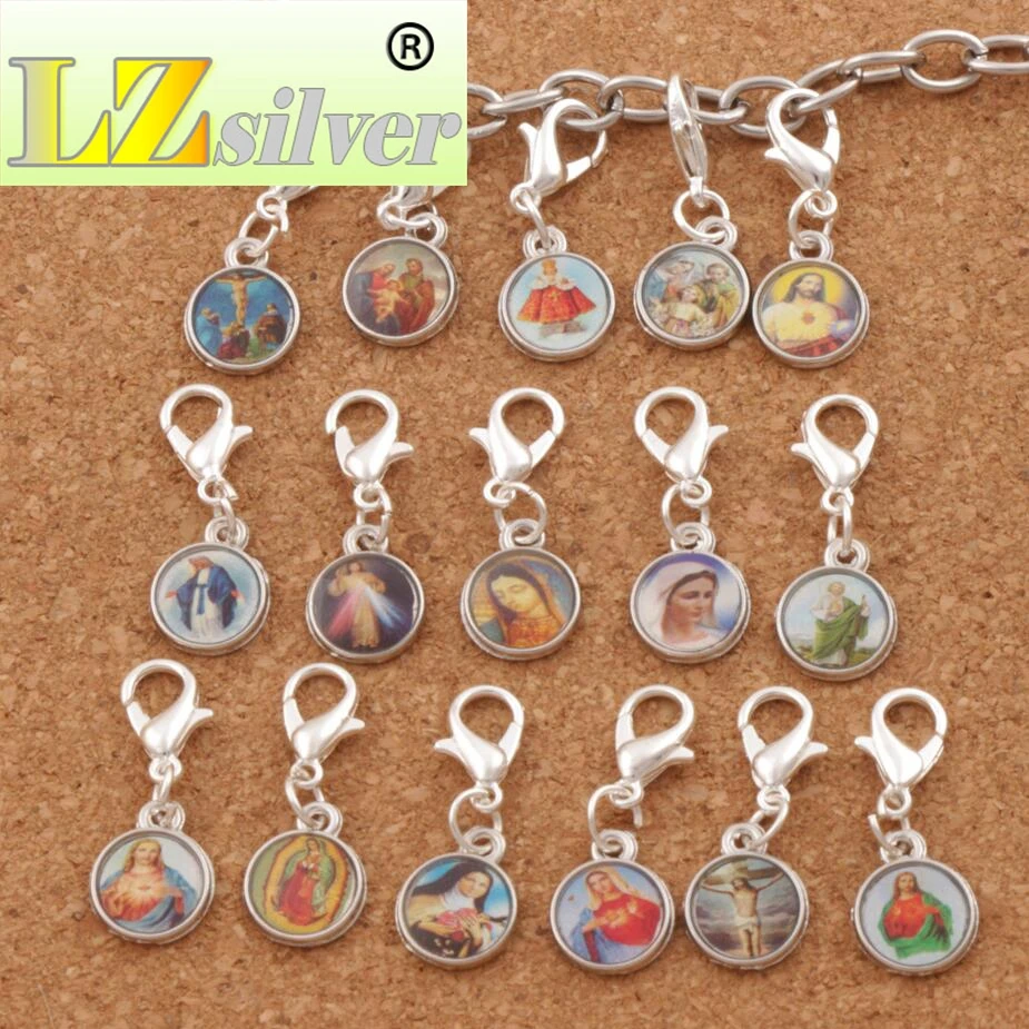 Catholic Religious Church Medals Saints Cross Clasp European Lobster Trigger Clip On Beads C1707 26.7x10mm 150ps Zinc Alloy
