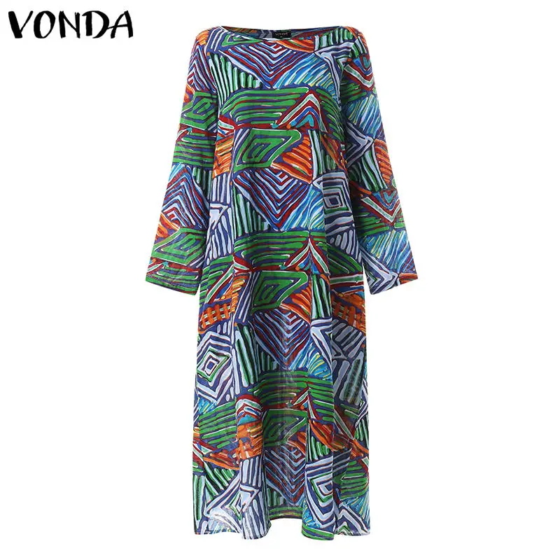 Green Осень, VONDA, модное женское макси платье, сексуальное, круглый вырез, короткий рукав, летнее платье, женские пляжные, вечерние, длинное платье размера плюс, Vestidos - Цвет: Green