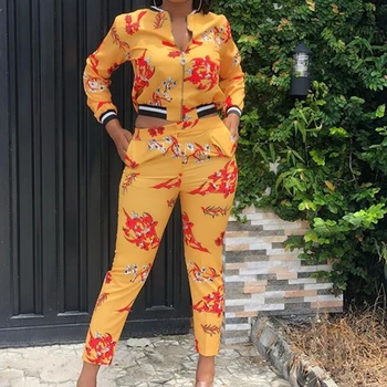 

Long Sleeve Printed Zipper Jacket Tops & High Waist Pockets Design Pencil Pants Set Casual 2 Piece Outfits for Women Streetwear
