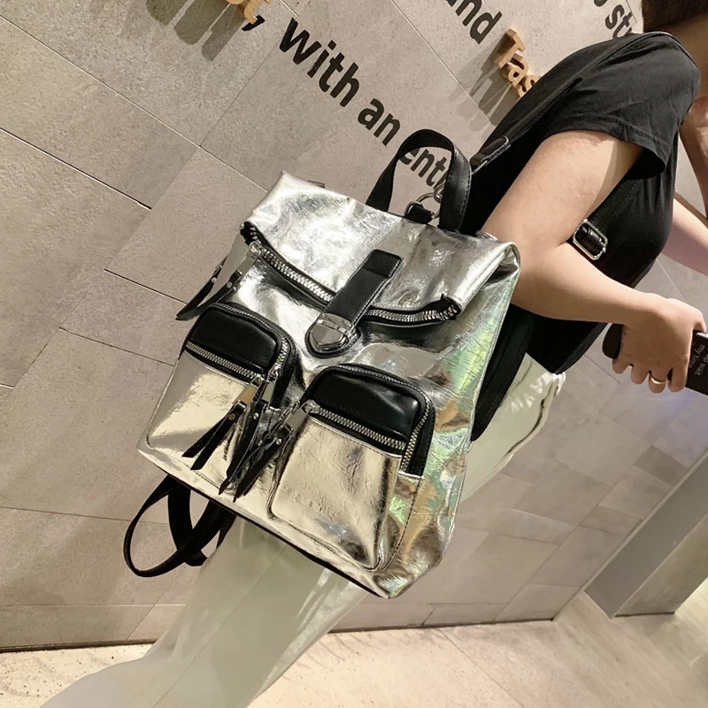 Brand Backpack New-Fashion Travel-Bag Silver Mochila-Feminina Multi-Purpose Trendy Casual