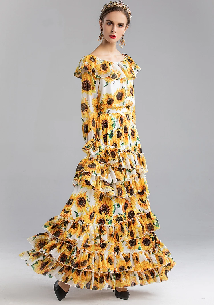 Модный дизайнерский комплект moaayina, весна-осень, Женский Топ с длинным рукавом и принтом подсолнуха+ каскадная длинная юбка с оборками, комплект из двух предметов