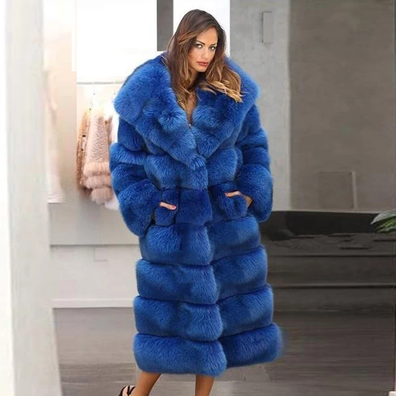 Мода шуба из натурального Лисьего меха с капюшоном женская меховая куртка из натурального меха голубой лисы Шуба Длинная женская зимняя Роскошная верхняя одежда