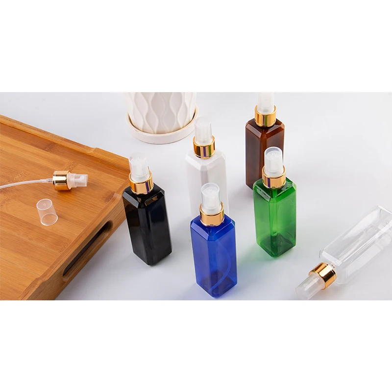 100ml Transparent Square Empty Plastic Bottles Gold Aluminum Sprayer 100cc Cosmetic Containers Perfume Bottle With Spray Pump-4