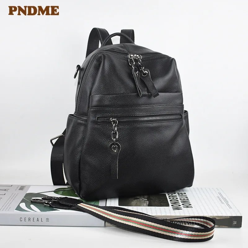 

PNDME casual simple leather women's backpack soft first layer cowhide outdoor waterproof travel bagpack ladies bookbags female