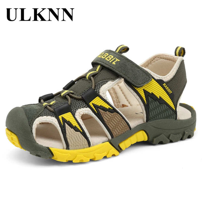 ULKNN Beach Sandals for Boys Summer Kids Shoes Suede Genuine Leather Close Toe Breathable Cut-outs Pig Leather Children Shoes