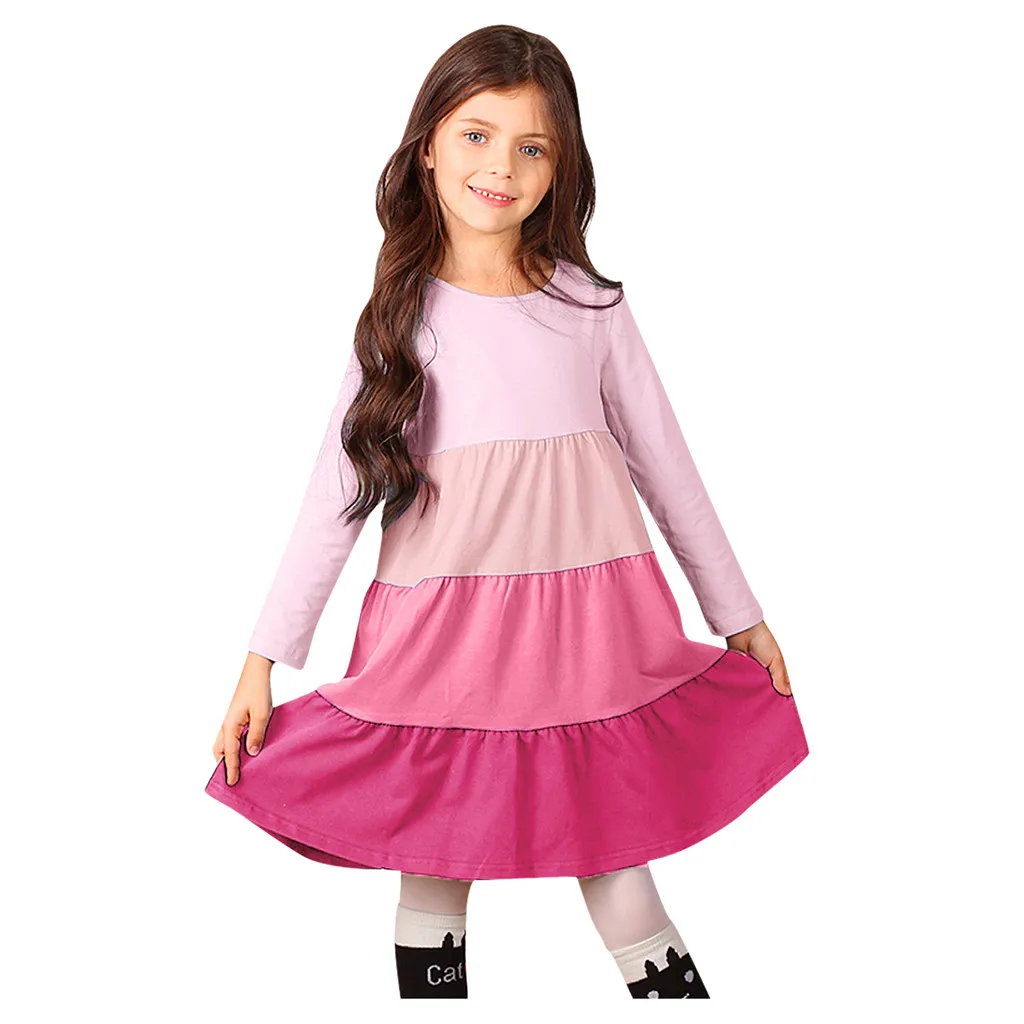 Toddler Kids Girls Striped Splice Princess Pageant Gown Birthday Party Dress Long Sleeved Rainbow Stripe Stitching | Детская одежда и