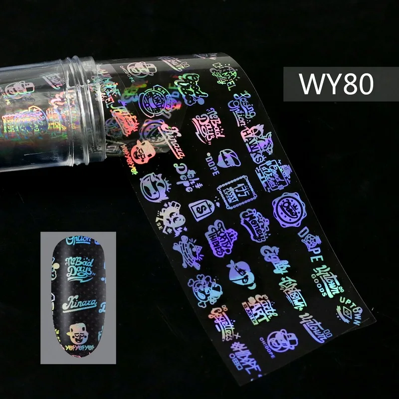 WY80 1 рулон Голографическая фольга для ногтей пламя Одуванчик буквы линии узоры наклейка s слайдеры 28 дизайн ногтей перевод рисунка наклейка - Цвет: WY80
