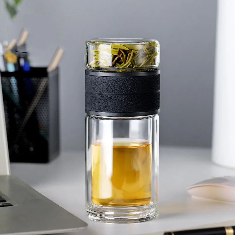 300ml Black Двухслойная стеклянная бутылка, креативная Высокая боросиликатная стеклянная чашка, разделительные бутылки для чая, бутылки для воды, для автомобиля, офиса, путешествий, кофейная кружка, тыква - Цвет: 300ml Black