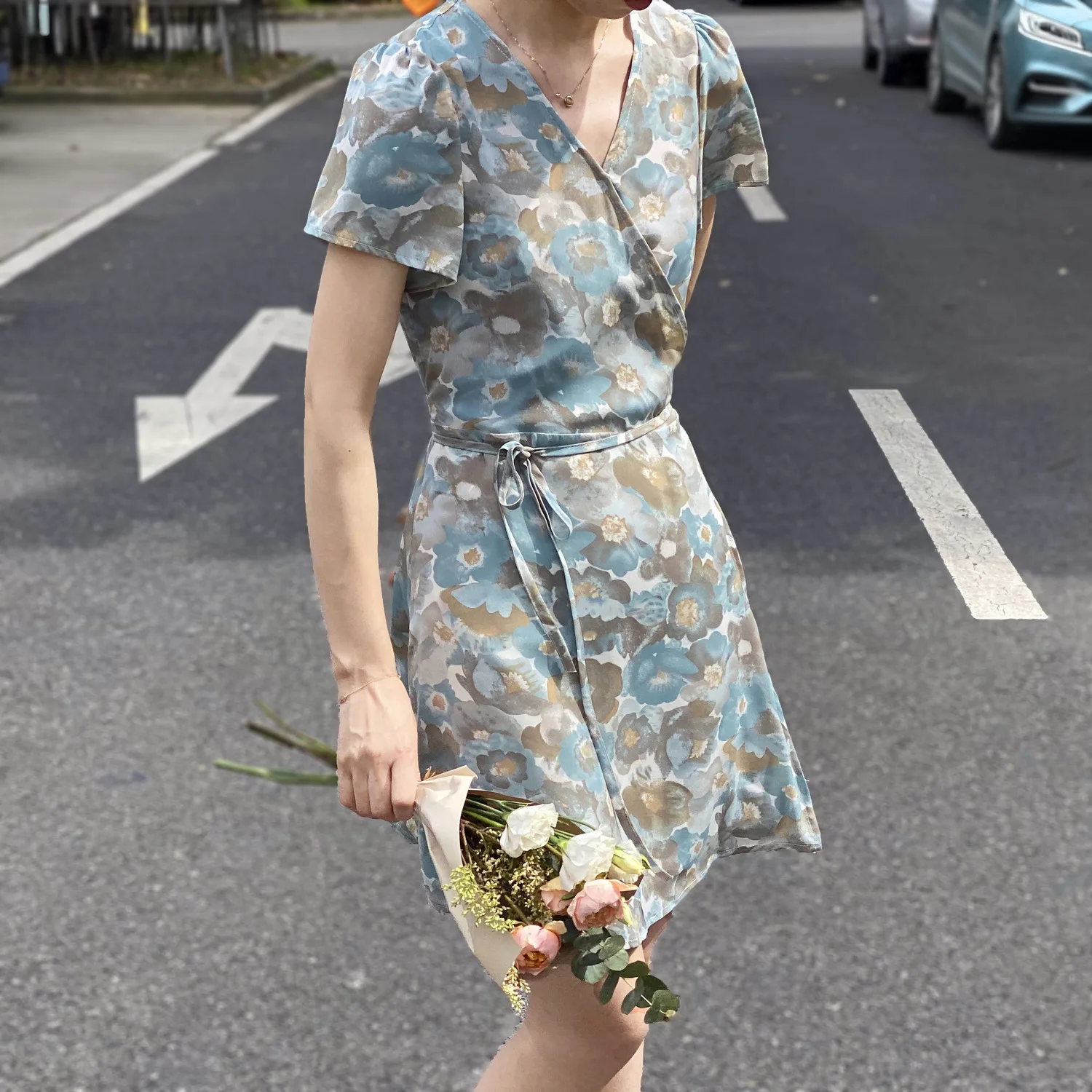 

HXJJP 2020 Summer New Floral Chiffon Printed Dress with Waist and Short Sleeves