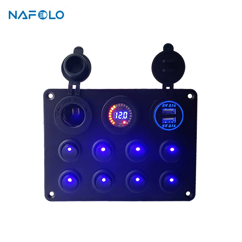 

6 Gang Rocker Switch Panel 12/24V Dual USB Slot Socket Digital Voltmeter Voltage Display for Marine Car Rv Vehicles Truck Yacht