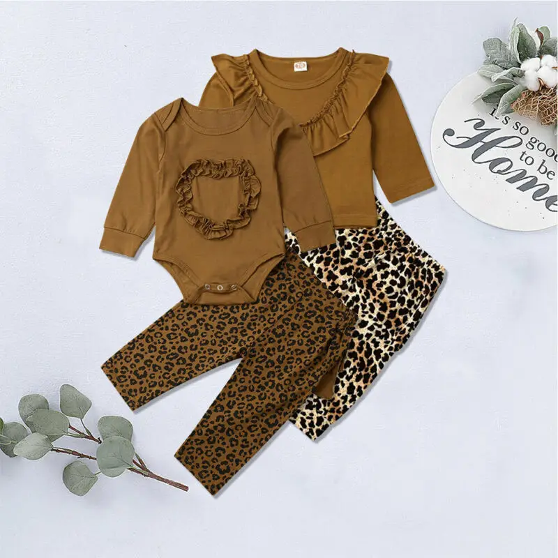 

0-3T Newborn Clothes Baby Girl Clothes Long Sleeve Autumn Tshirt Ruffle Jumpsuit Tops + Leopard Print Pants Cotton Kids Outfits