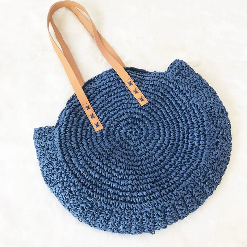 Round Straw Tote Bags for Summer 2021 with Woven Pattern