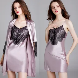 2021 Summer New Style, Ice Pajamas, Women's Silk Sexy Lace Robe, Suspender and Nightdress Suit, Two-piece Long Sleeve Home Suit