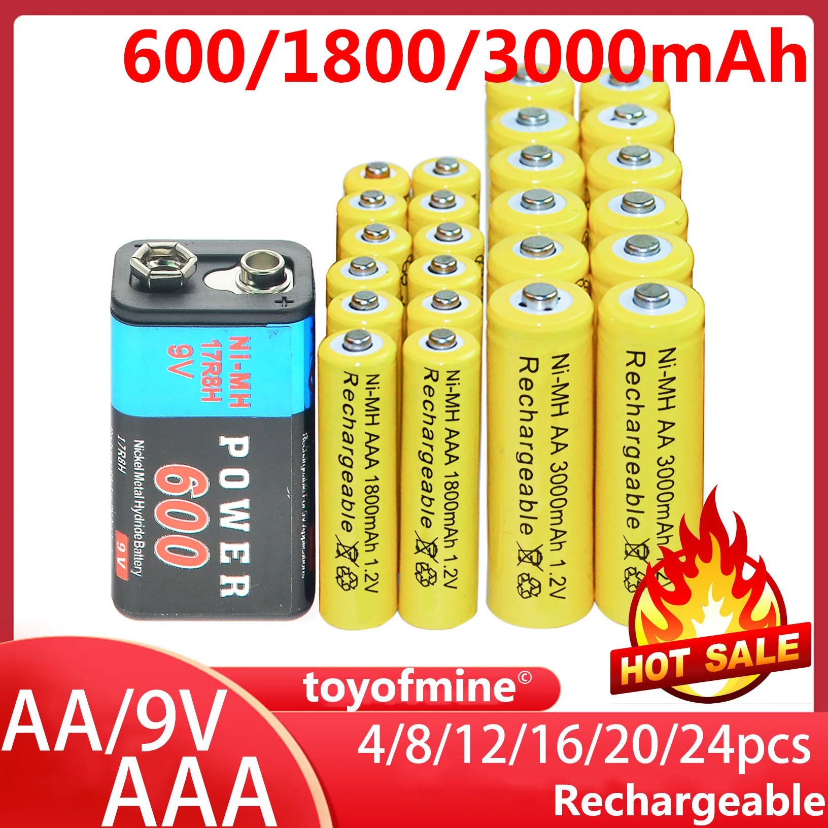 9v 600mah + Aa 3000mah + Aaa 1800mah 1.2v Nimh Rechargeable Battery