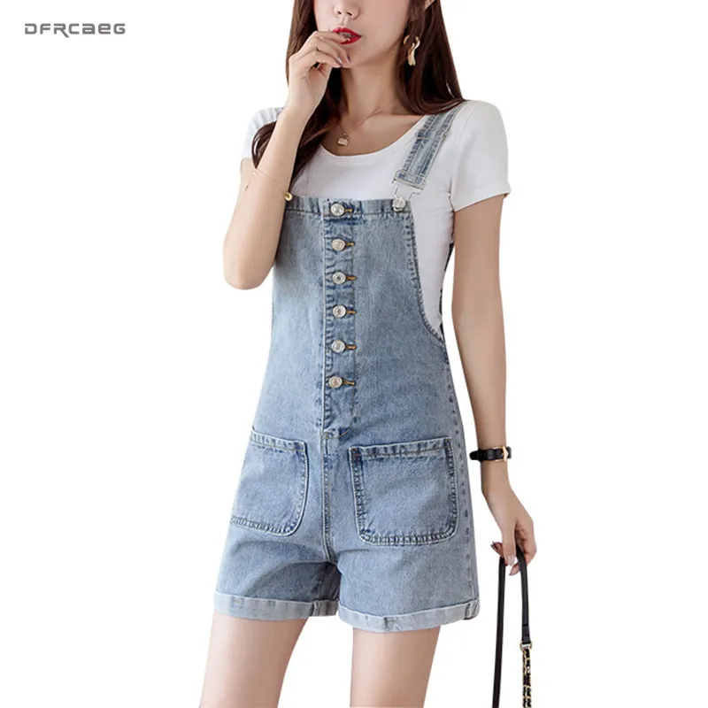 Blue Sweet style Women's Suspender Denim Jumpsuits Short Pant 2020 Summer High Waist Playsuits Breasted Ladies Overalls | Женская