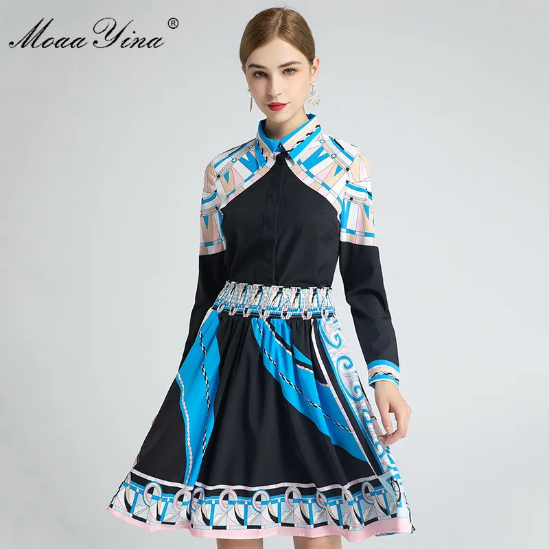 

MoaaYina Fashion Designer Set Spring Women's Long sleeve Blouses Tops+Geometry Print Elastic waist Half skirt Two-piece suit