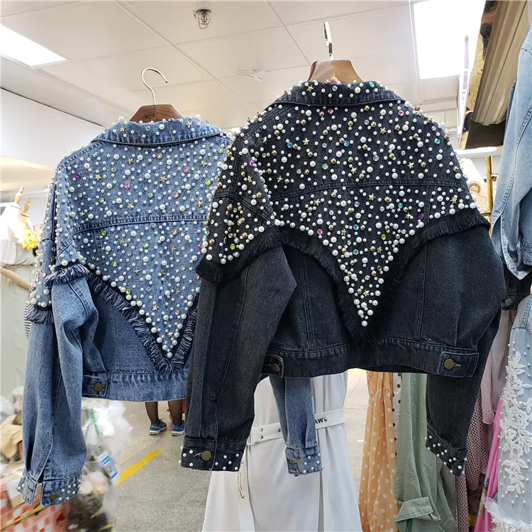 Chaquetas Mujer, осень, уличная одежда, джинсовая куртка для женщин, ручная работа, жемчуг, панк, кисточка, Veste Femme, свободные короткие джинсовые пальто