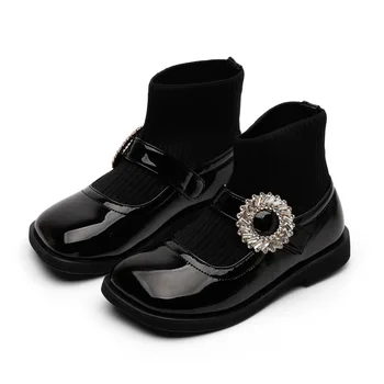 

2020 Autumn Kids Shoes Women's Shoes Flats Buckle Strap Solid Crystal Square Toe Casual Fashion All-match Warm