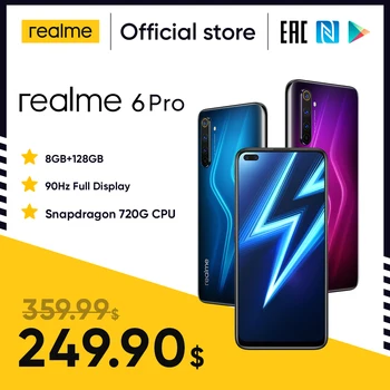 Перейти на Алиэкспресс и купить Realme 6 Pro мобильный телефон 6,6 дюймов 90 Гц Дисплей 64MP Cam 8 ГБ 128 Snapdragon 720G смартфон мобильный телефон Android телефона телефоны