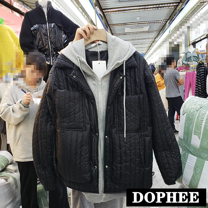 European Autumn Winter New Loose-fitting Parka Coat Hoodie Stitching Fake Two-piece Hooded Down Cotton Jacket Woman Outwear