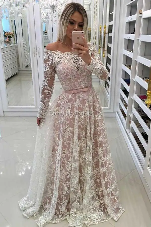 Свадебные платья с открытыми плечами и длинными рукавами Vestido Noiva, кружевные трапециевидные Свадебные платья длиной до пола с пуговицами на спине, Розовые невесты