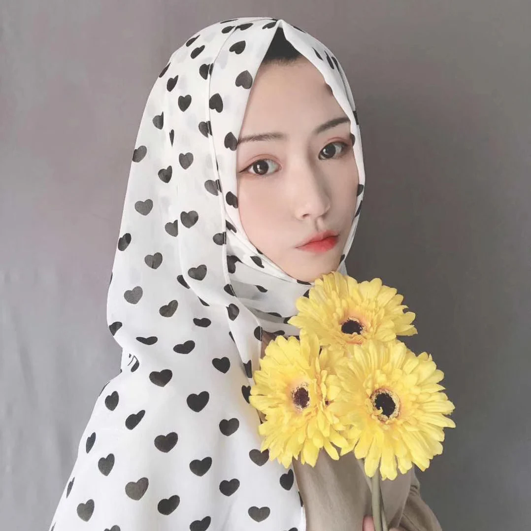 Fashion heart print chiffon islamic hijab headscarf muslim head scarf shawls ladies hijabs female headwrap malaysia hijab veil