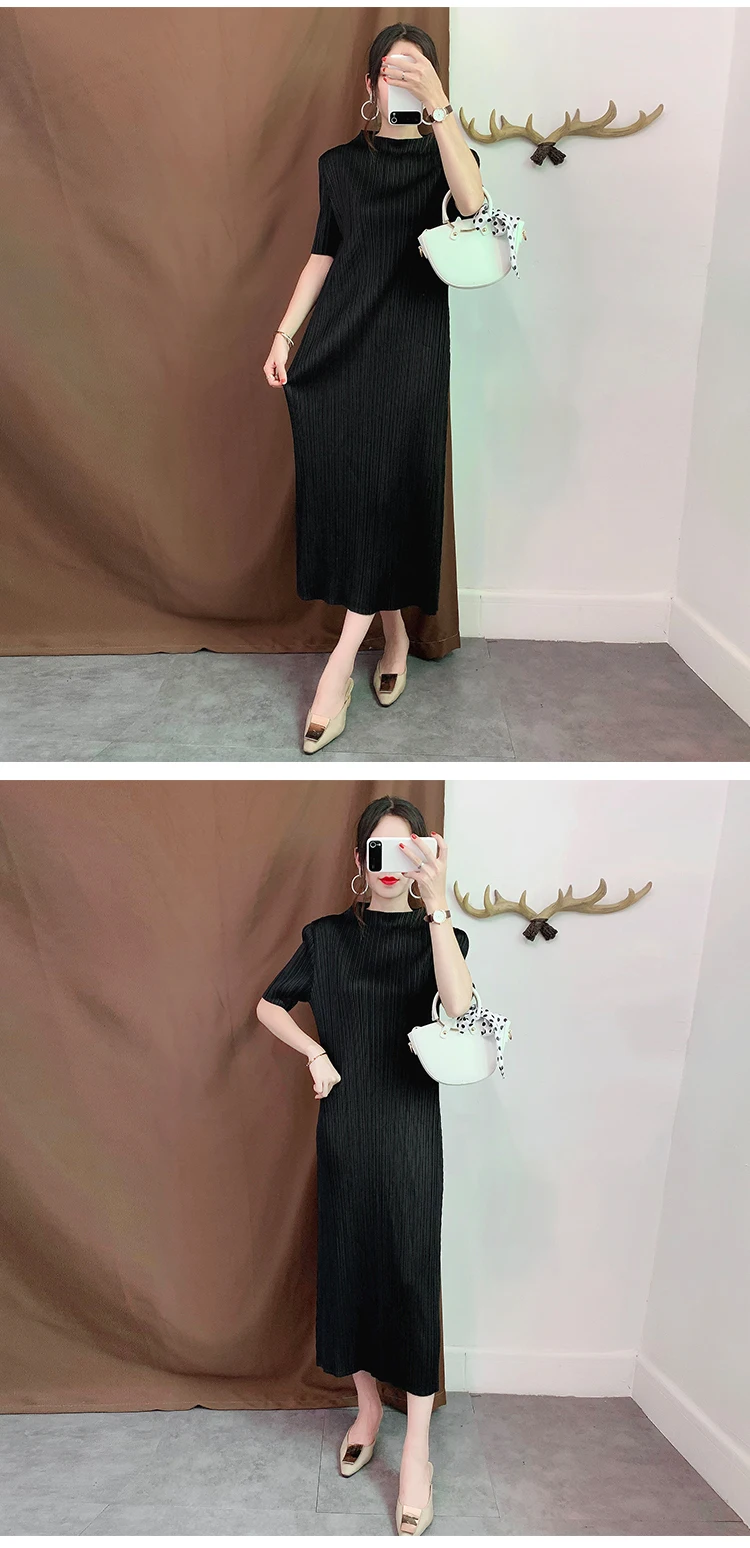 Miyake/плиссированное платье в японском стиле, прямые тонкие платья с коротким рукавом простой однотонный воротник-стойка, платье до середины икры для женщин, большие размеры