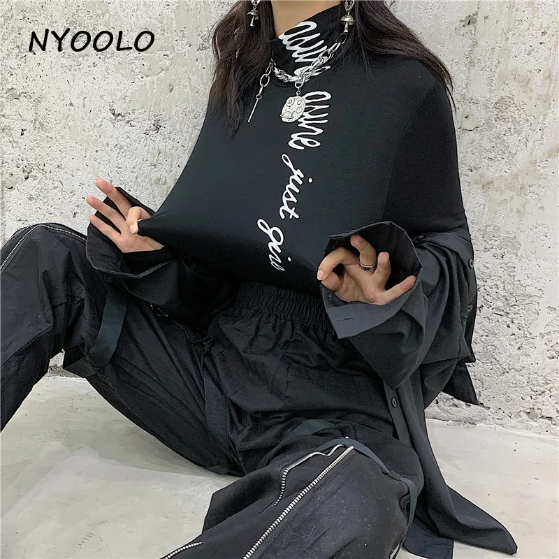 NYOOLO High street, тонкая черная футболка с буквенным принтом, топы, Повседневная Водолазка с длинным рукавом, пуловеры, хлопковая футболка, женская одежда
