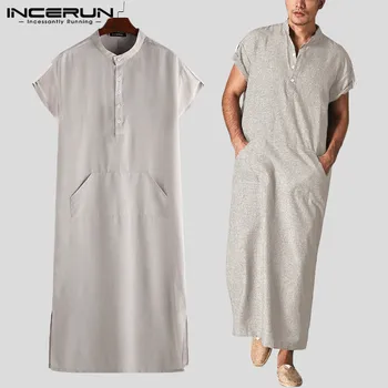

Men Islamic Arab Muslim Kaftan Stand Collar Short SLeeve Pockets Retro Loose Robes Middle East Solid Men Jubba Thobe 5XL INCERUN